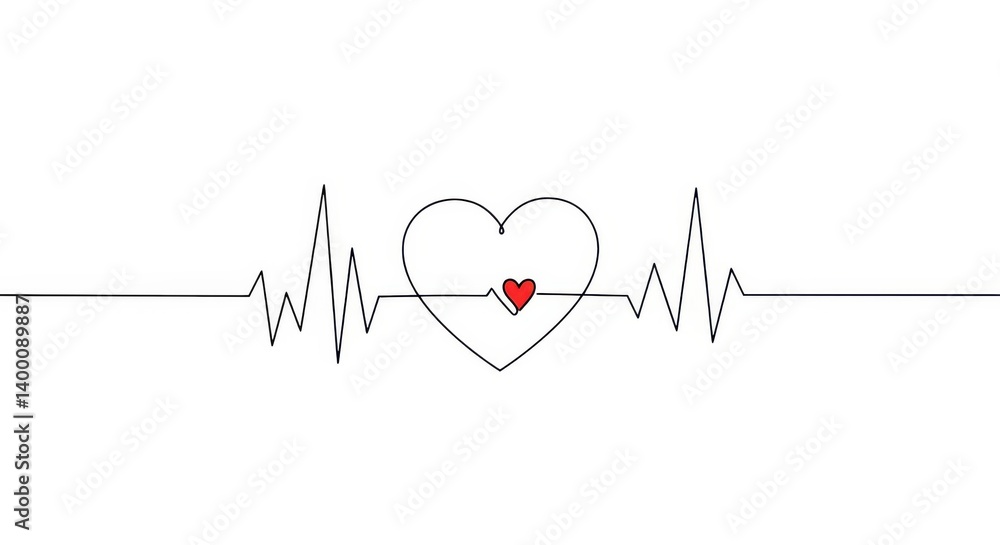 Poster a heart shape with a smaller red heart inside connected to a heartbeat line on a white background