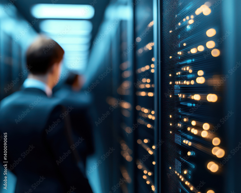 Poster data science team working in server room with illuminated servers. is focused and professional, high