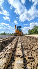 Grader next to concrete plant, part of roadwork construction chain