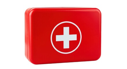 Obraz premium A red first aid kit with a white cross symbol centered on the front against a white background view