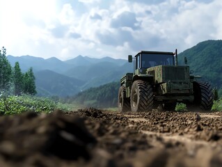 Fototapeta premium Militarygrade grader in camouflage clearing tactical path, rugged terrain, 3D illustration