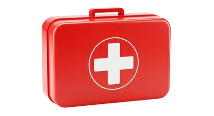 Obraz premium A bright red first aid kit with a white cross in a circle isolated on a white background in studio shot