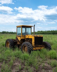 Obraz premium Weathered grader parked in field with overgrown grass, abandoned machinery feel