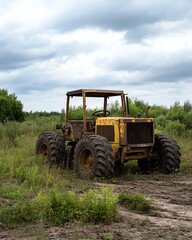 Obraz premium Weathered grader parked in field with overgrown grass, abandoned machinery feel