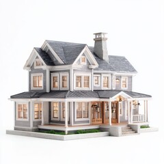Detailed miniature of a gray house with a porch and gray roof tiles isolated on white background