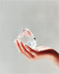 Obraz premium Delicate Hand Holding Clear Quartz Crystal Fragment