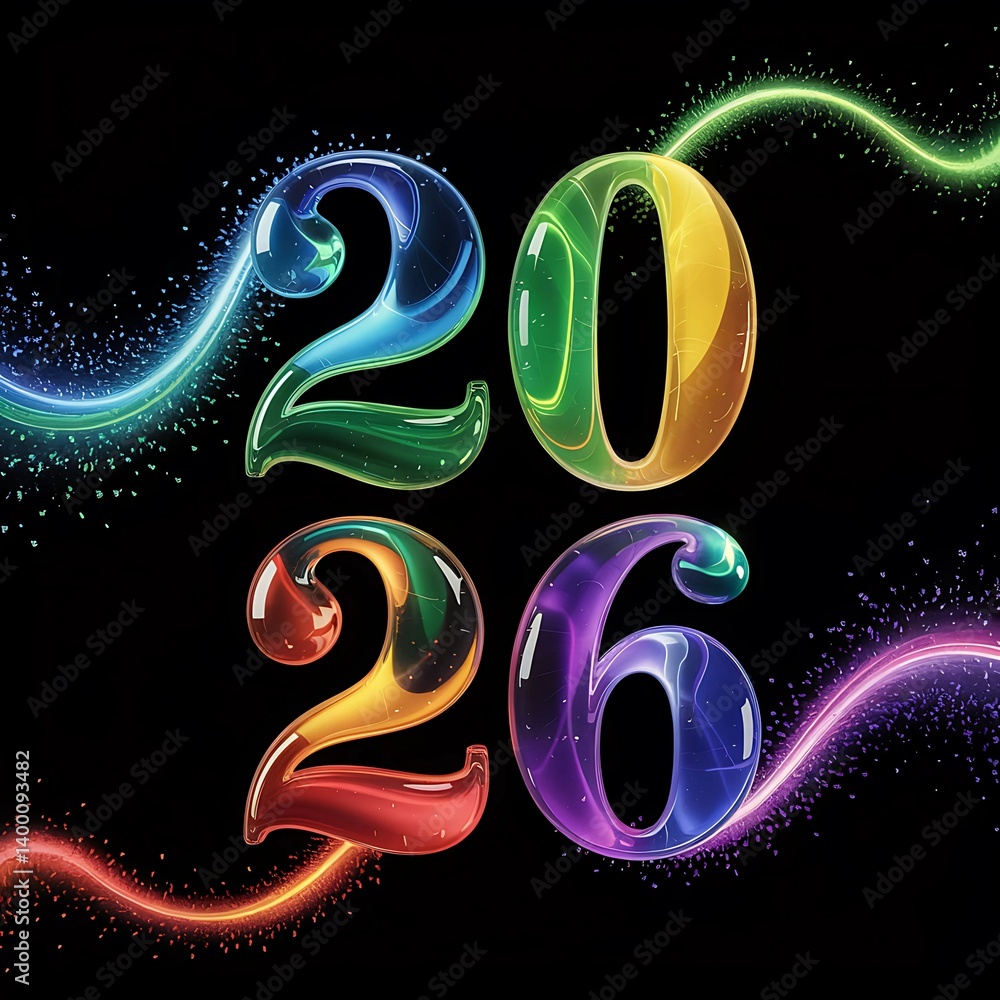 Poster vibrant 2026 new year design with colorful glossy numbers and light trails on black background for c