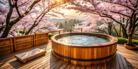 Fototapeta premium Luxury hot tub pool under cherry blossoms