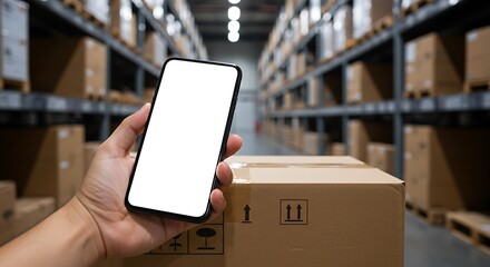 Holding Phone at Warehouse with Cardboard Box Order Tracking
