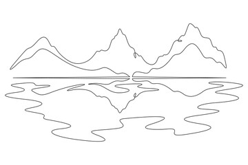 Mountain lake. High mountain reflected in water. Mountain landscape.Continuous one line drawing