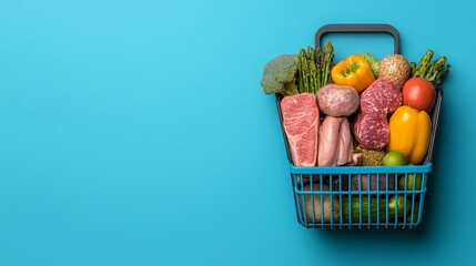 Shopping cart filled with fresh produce and meat