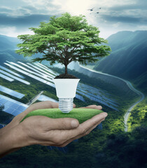 Big tree on soil with light bulb in hands over solar photovoltaics cell farm on mountain in sunny day, Green ecology and saving energy concept