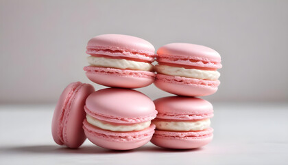Fototapeta premium Delicious pastel pink macarons with cream filling, a sweet and elegant dessert treat.