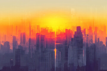Fototapeta premium A vibrant cityscape at sunset, rendered in a stylized digital art piece.