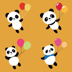 Baby panda flying with balloons vector art illustration