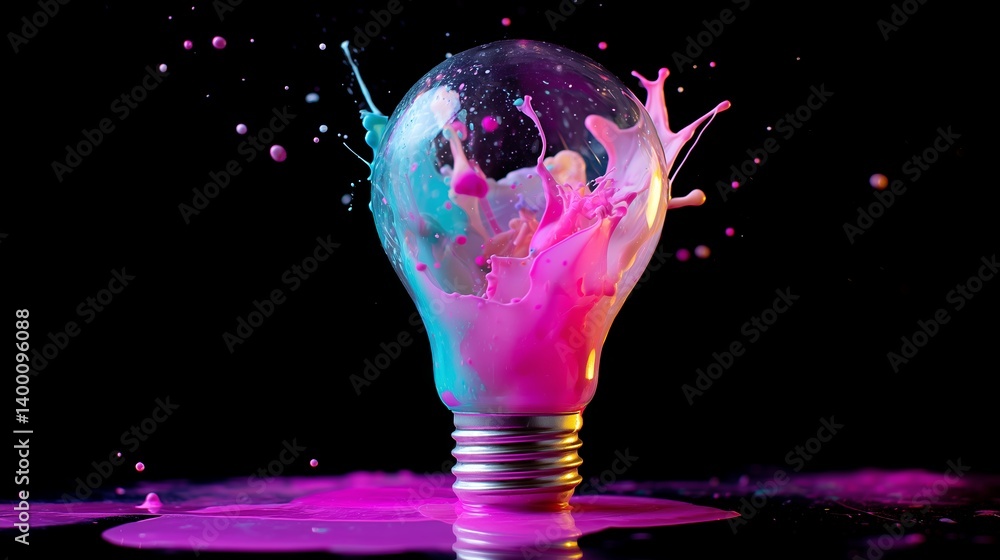Poster colorful splash impacts a light bulb creating a vibrant display in a dark setting