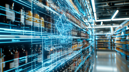 Innovative beverage display technology modern liquor store digital content retail environment futuristic viewpoint