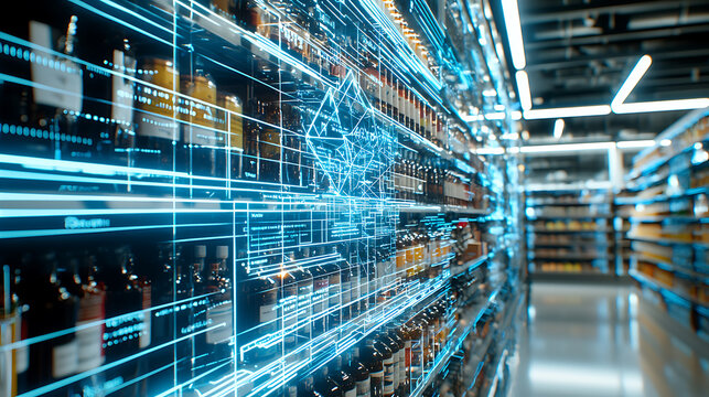 Innovative beverage display technology modern liquor store digital content retail environment futuristic viewpoint