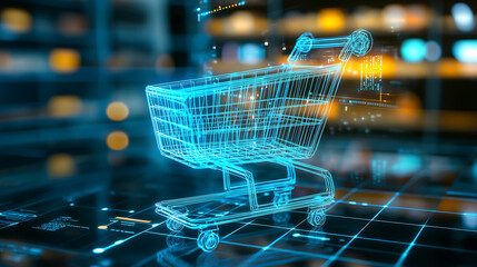 Digital shopping cart visualization e-commerce space 3d model futuristic environment perspective view retail concept