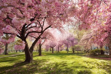 Fototapeta premium Blooming Cherry Trees in Spring Park with Lush Green Grass