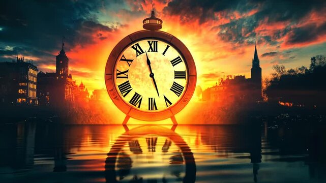 Clock-Sun Cityscape Sunset Reflection Water