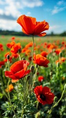 Fototapeta premium Beautiful red poppies are growing in a field, their vibrant petals contrasting against the green foliage and the bright blue sky above, creating a picturesque summer scene