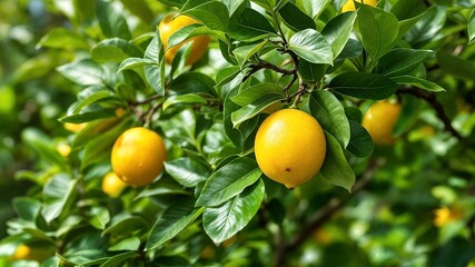 Close-up of ripe yellow lemons hanging from a branch of a lemon tree, surrounded by lush green leaves, in an orchard setting with bright sunlight filtering through the foliage