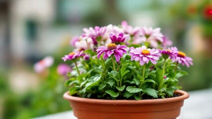 Pink daisies with yellow centers are blooming in a terracotta pot, adding a touch of vibrant color and freshness to a blurred natural background