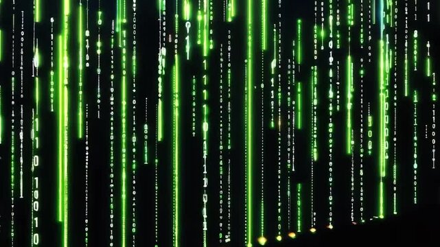 Green binary code streams down across a dark background animation.