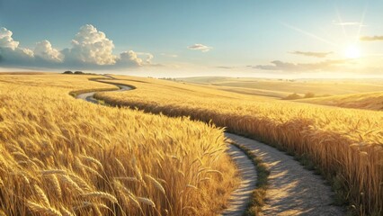 A winding dirt path meanders through a sun-drenched field of golden wheat or barley under a partly cloudy blue sky, with a lone green tree standing on the left and a rustic wooden fence lining the rig