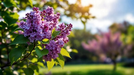 Obraz premium Blooming lilac flowers adorning a bush in a spring garden at sunset, creating a vibrant and colorful atmosphere filled with natural beauty and serenity