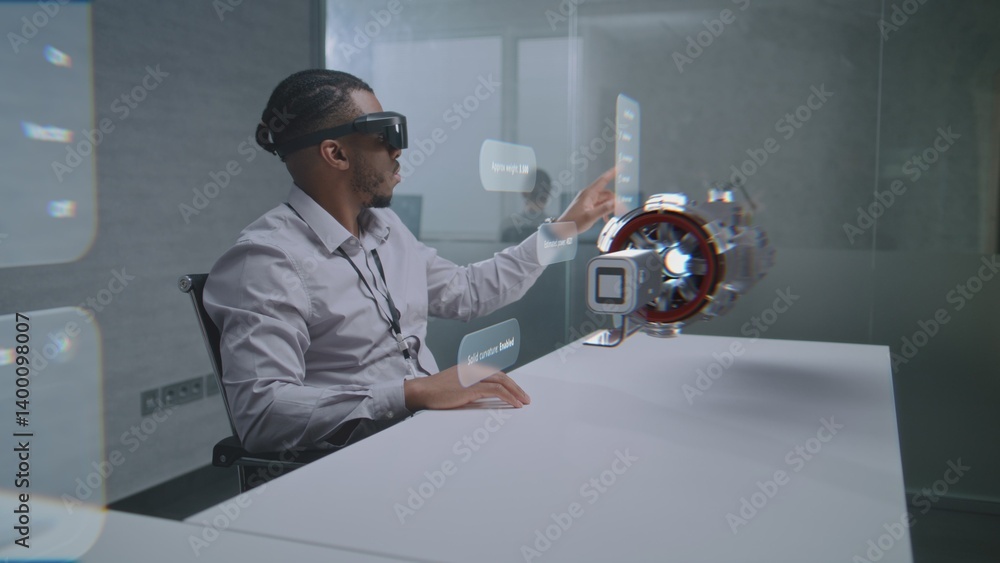 Poster futuristic office: african american professional wearing virtual reality headset to visualize 3d hol