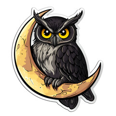 Fototapeta premium Anime owl sitting on crescent moon night sky sticker design whimsical atmosphere artistic perspective fantasy vibe