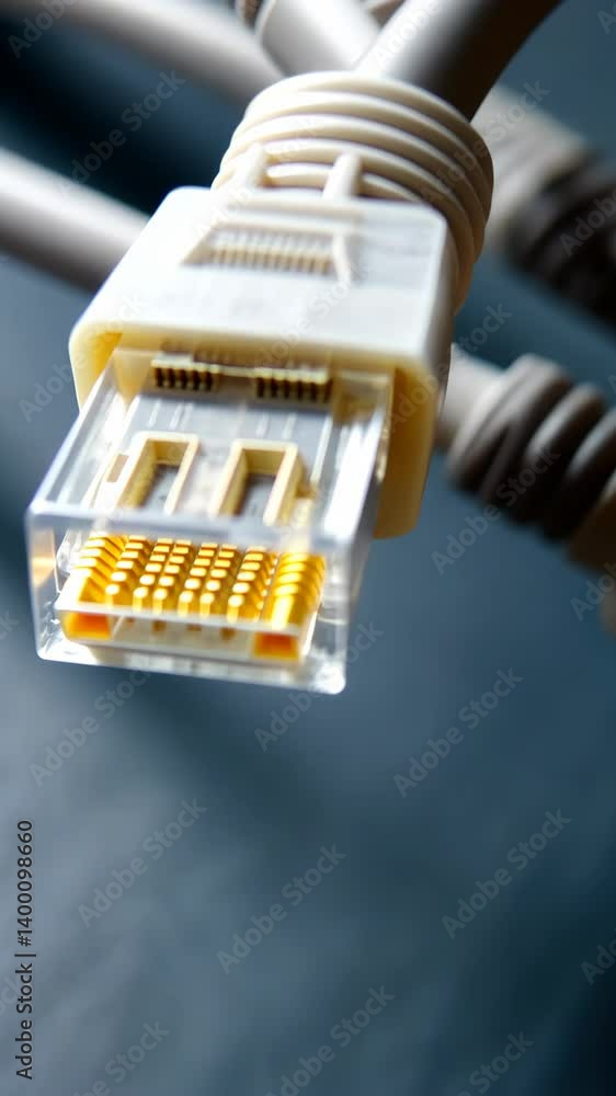 Poster close-up examination of network cables showing connectors and details on a dark background in a tech