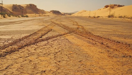 Desert road with deep tire tracks crossing over cracked dry surface, surrounded by sand dunes and arid landscape under a clear sky — perfect for travel, adventure, off-road, and environment concepts.