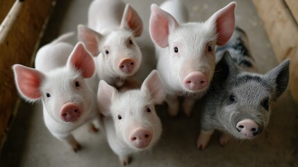 Farm setting with a group of playful piglets exploring their environment during the early morning hours