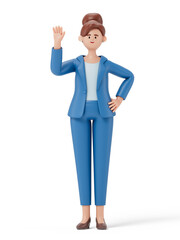 A woman in business attire waving, symbolizing greeting or presentation. 3D rendering, conceptual image. Isolated on white background.
