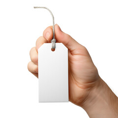 Male hand holding blank price tag with string isolated on white