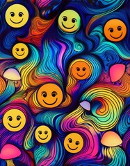 Fototapeta premium Psychedelic Smiley World: An eye-catching, mind-bending, and vividly colored illustration featuring a myriad of smiley faces amidst a swirling, rainbow-hued design.