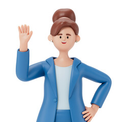 A woman in business attire waving, symbolizing greeting or presentation. 3D rendering, conceptual image. Isolated on white background.