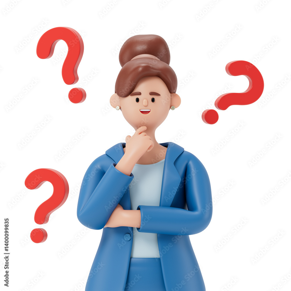 Poster a woman thinks, surrounded by floating question marks, symbolizing uncertainty or decision-making. 3