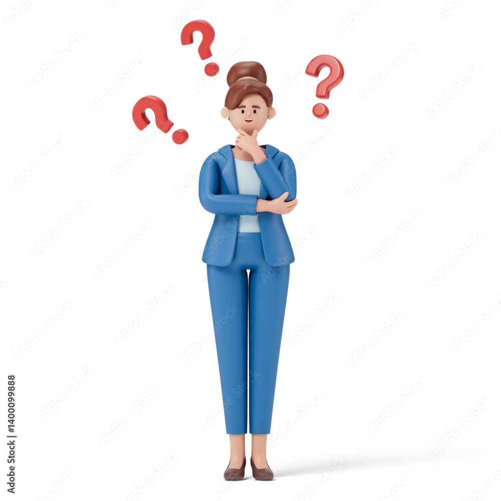 Poster a woman thinks, surrounded by floating question marks, symbolizing uncertainty or decision-making. 3