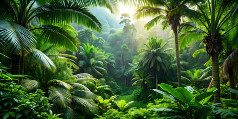 Naklejka premium A deep jungle with lush green foliage and tropical trees