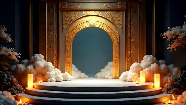 Golden Spotlight Arena with Smooth Indoor Curves and Display Podium