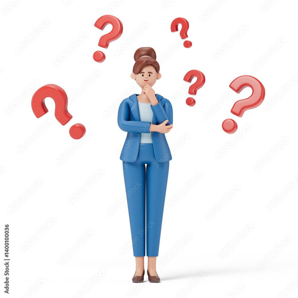 Poster a woman thinks, surrounded by floating question marks, symbolizing uncertainty or decision-making. 3