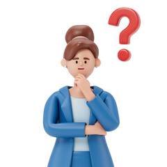 A woman with a thoughtful pose, a question mark above his head, symbolizes pondering or indecision. 3D rendering, conceptual image. Isolated on white background.