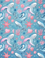 Whale and Dolphin Ocean Pattern: A charming oceanic pattern design, filled with whimsical depictions of whales and dolphins in a playful style, suitable for fabric and other surfaces.