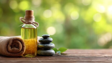 Spa Treatment Still Life with Oil Bottle, Towel and Zen Stones