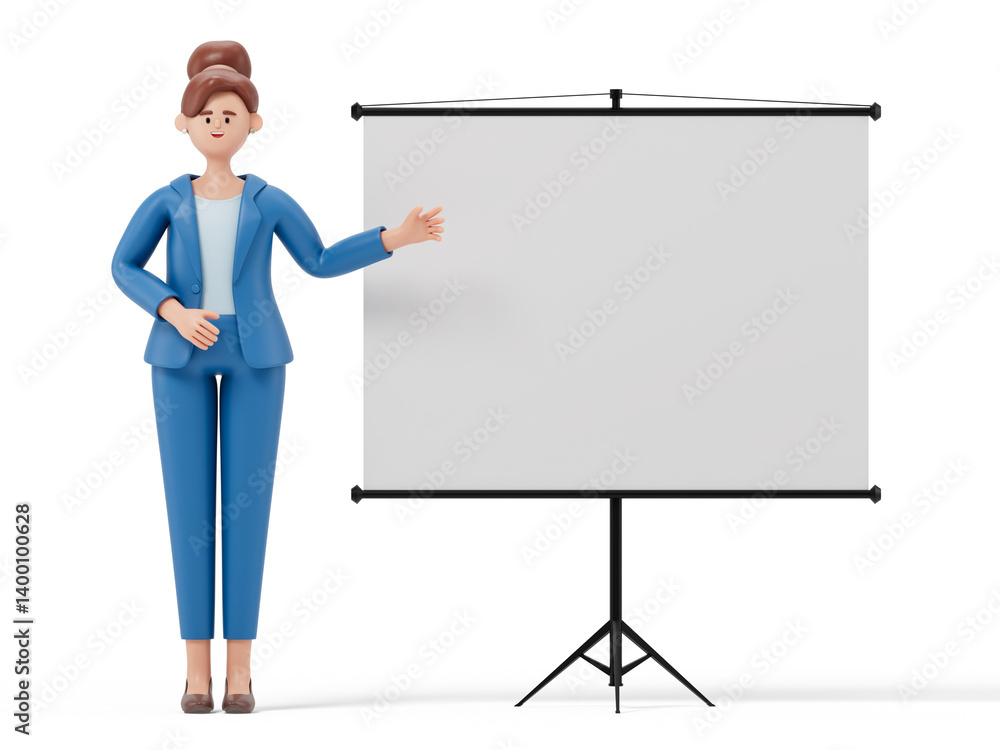 Poster a woman gestures towards a blank flip chart, symbolizing preparation for a presentation or lecture. 
