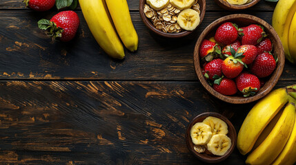 Fresh ripe strawberries and bananas arranged artistically with oatmeal on a rustic dark brown wooden surface creating a healthy breakfast food concept image perfect for blogs